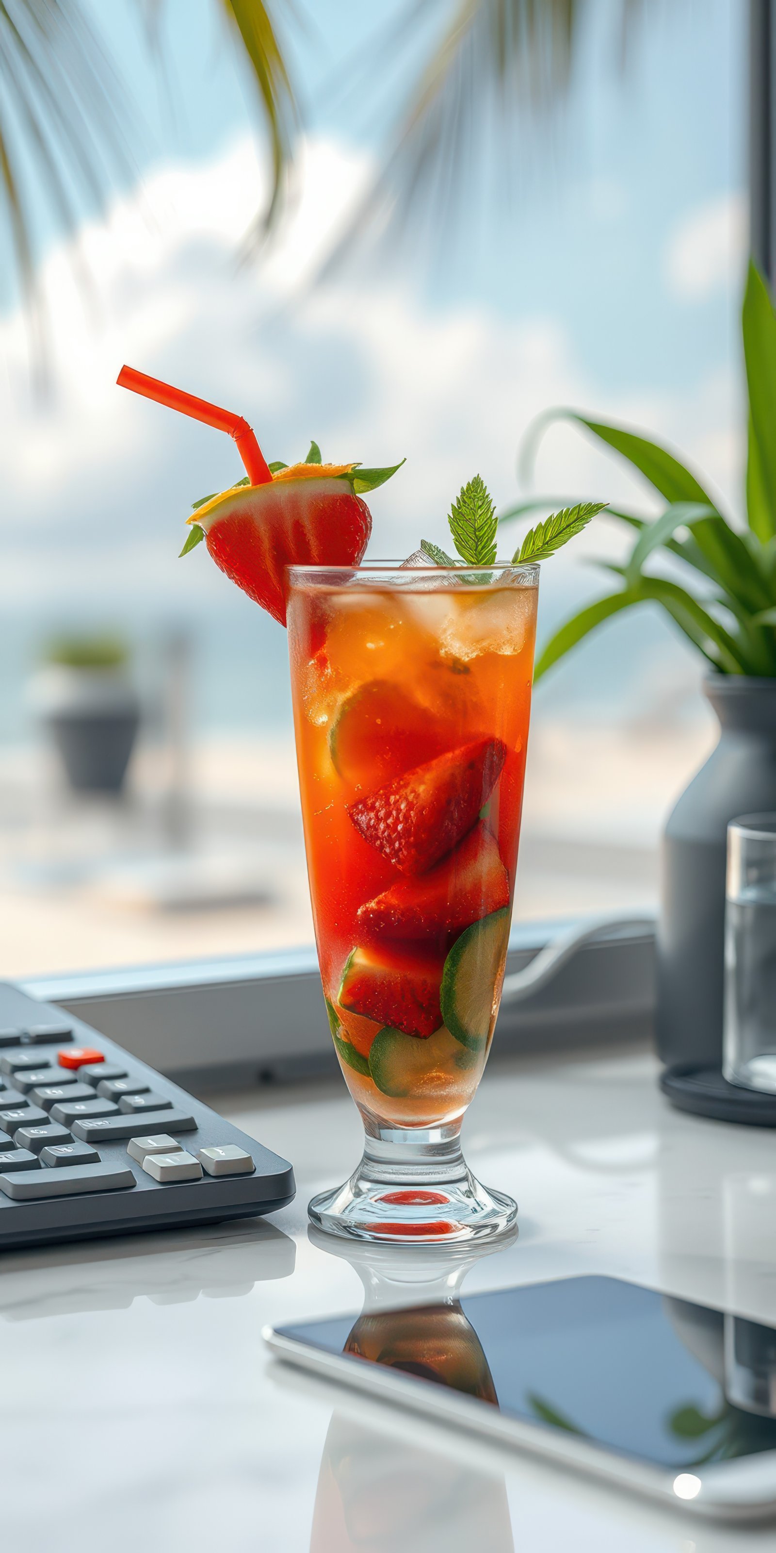 Refreshing cocktail garnished with strawberries and mint on a sunny day at a beachside workspace